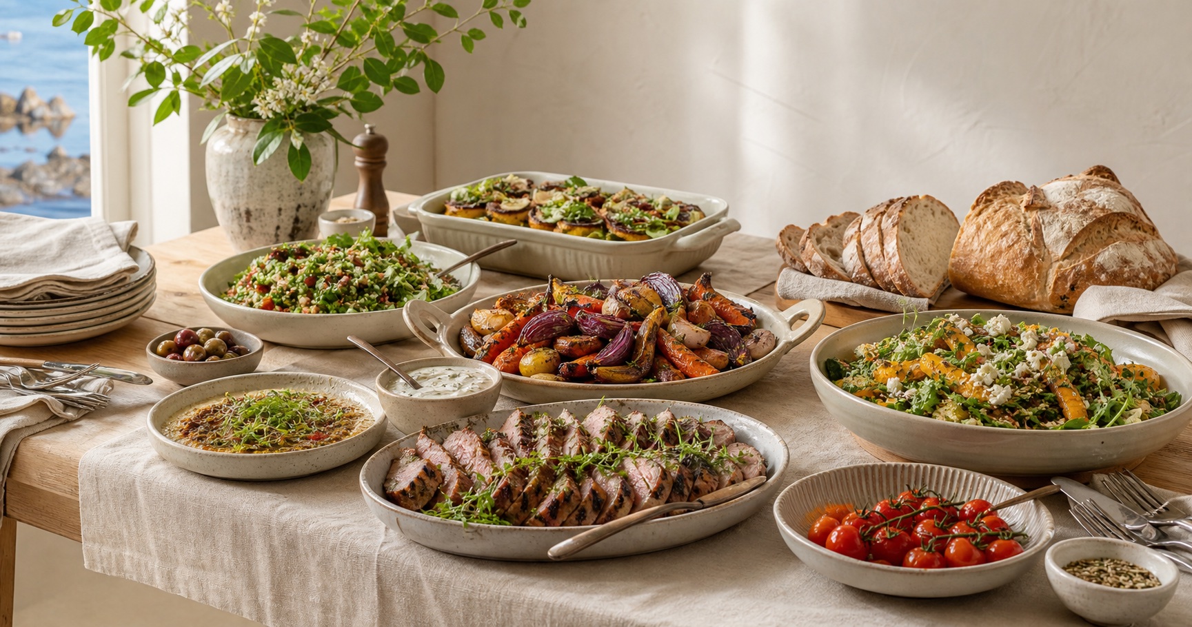 Generös cateringbuffé med säsongens grönsaker, kött, sallader och bröd